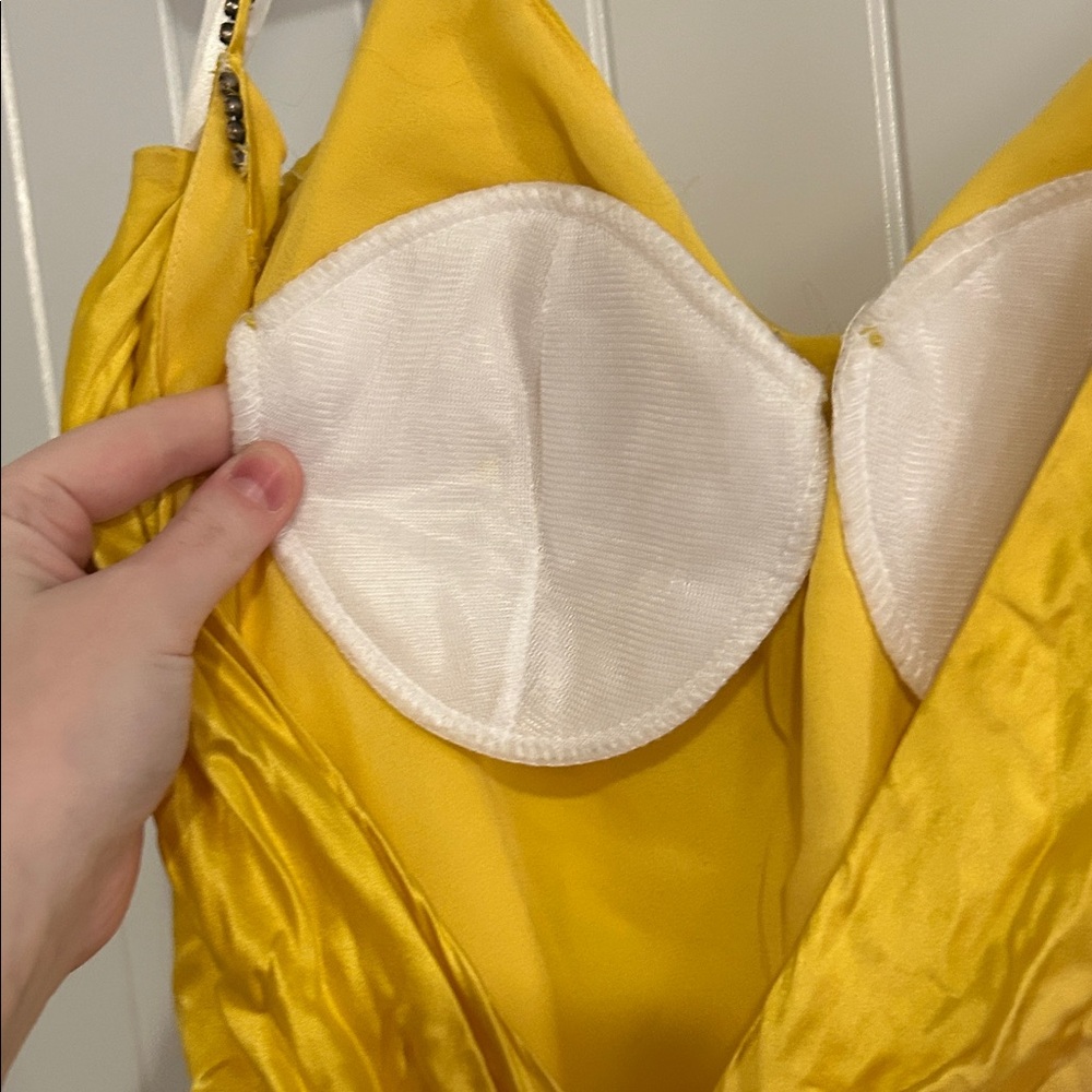 Aris Yellow Satin Strap Detail Evening Dress - Picture 5 of 8